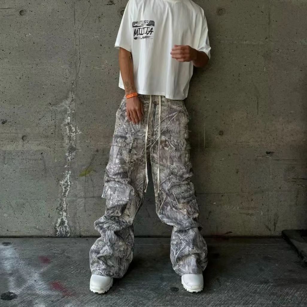 Retro Washed Multi-pocket Slacks Men's Fashion Drawstring Trousers