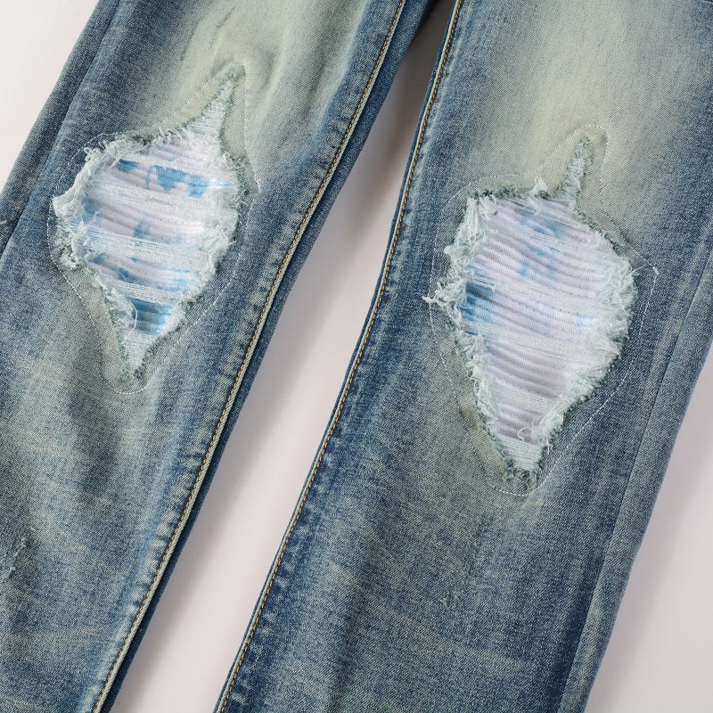 Ripped Color Patch Jeans Retro